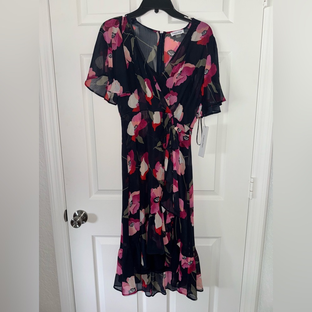 Calvin Klein Women's Flutter Sleeve Floral Tie Waist Dress